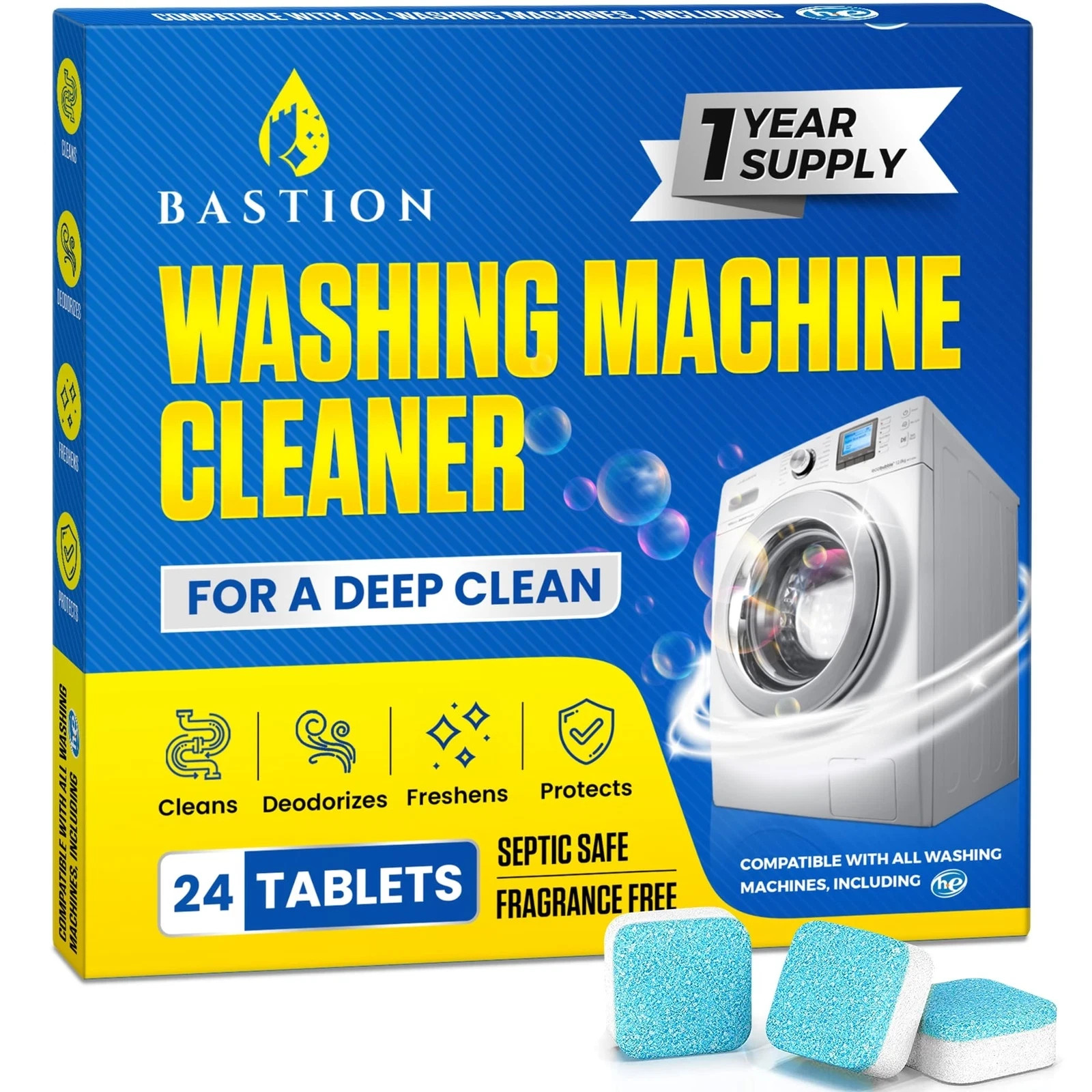 Bastion Washing Machine Cleaner, Deodorizer, & Descaler – 24 pack