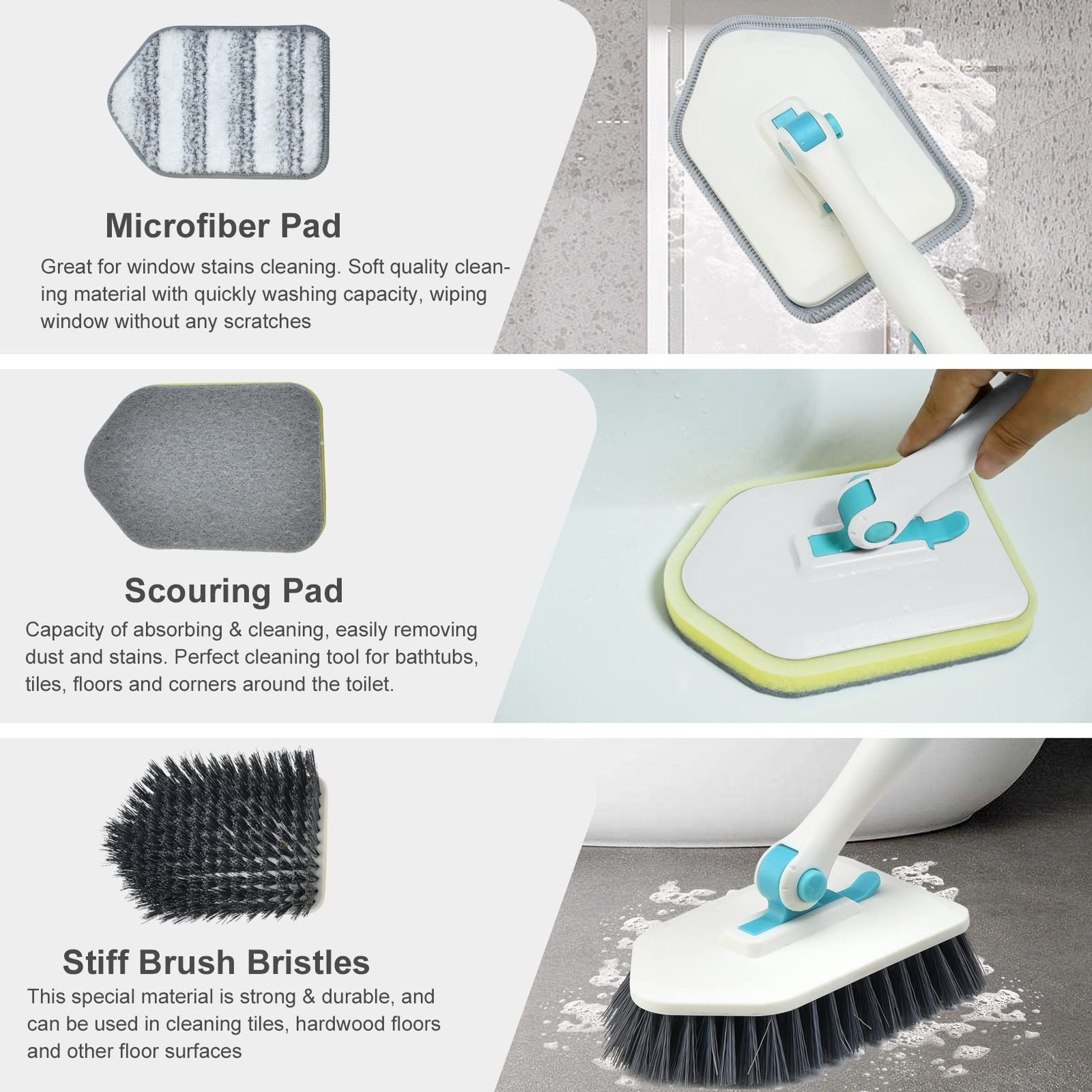 Shower Cleaning Brush with Long Handle, 3 in 1 Tub and Tile Scrubber Brush wi…
