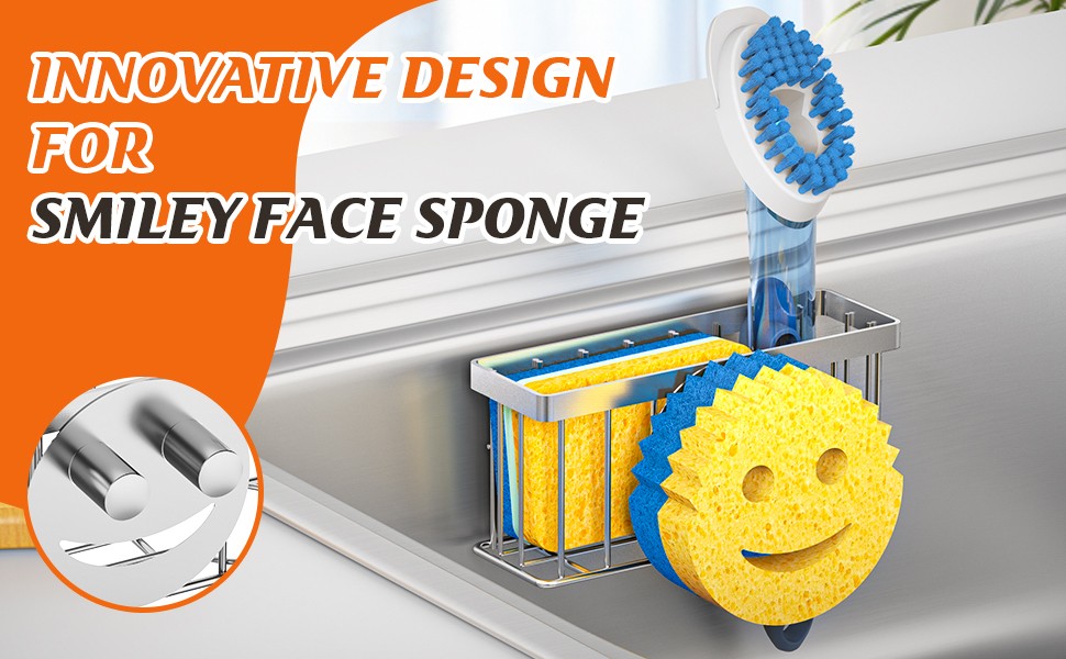 Sponge Holder Smiley Face,Sink Caddy for Kitchen Sink,Sponge Holder with 2 PCS