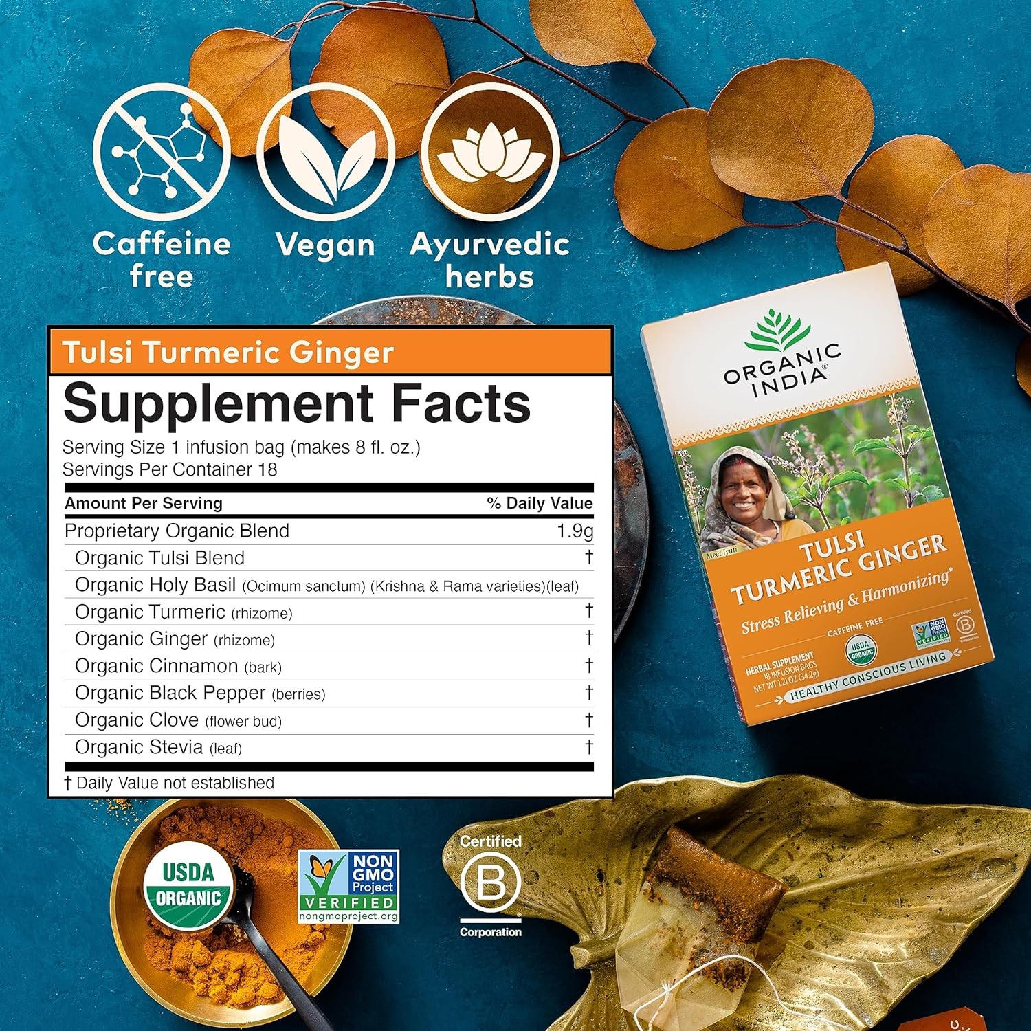 ORGANIC INDIA Tulsi Turmeric Ginger Herbal Tea – Stress Relieving & Harmonizin