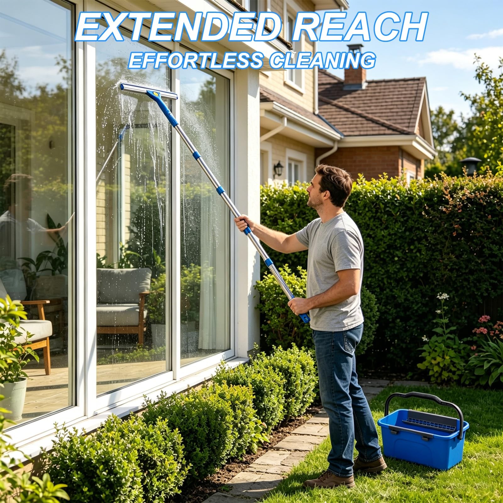 Professional Window Cleaning Kit with 76″ Telescopic Pole, Bucket 3 Gallon,2P…