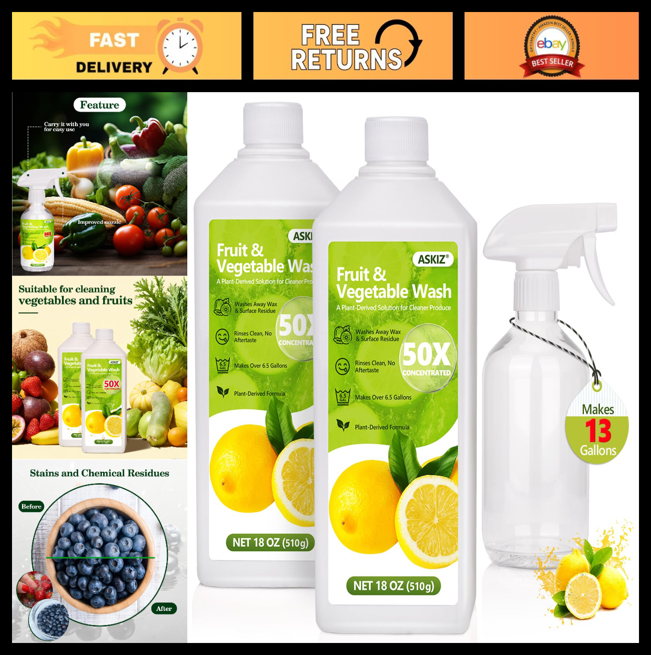 Fruit & Vegetable Wash 13 Gallons – Lemon Cleaner, Improved Nozzle, Multi-Purpos