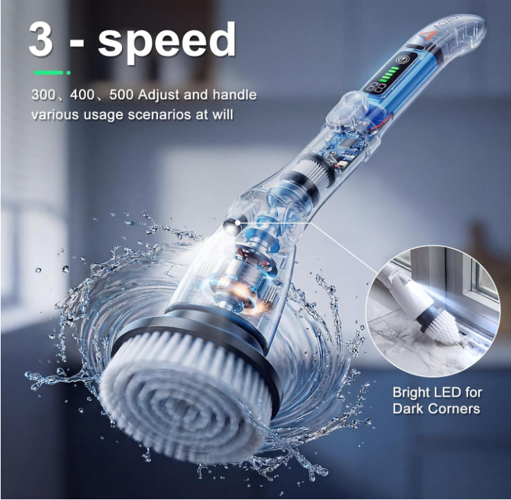 Cepillo Eléctrico Giratorio con Luz LED, 7 Cabezales y Mango Extensible