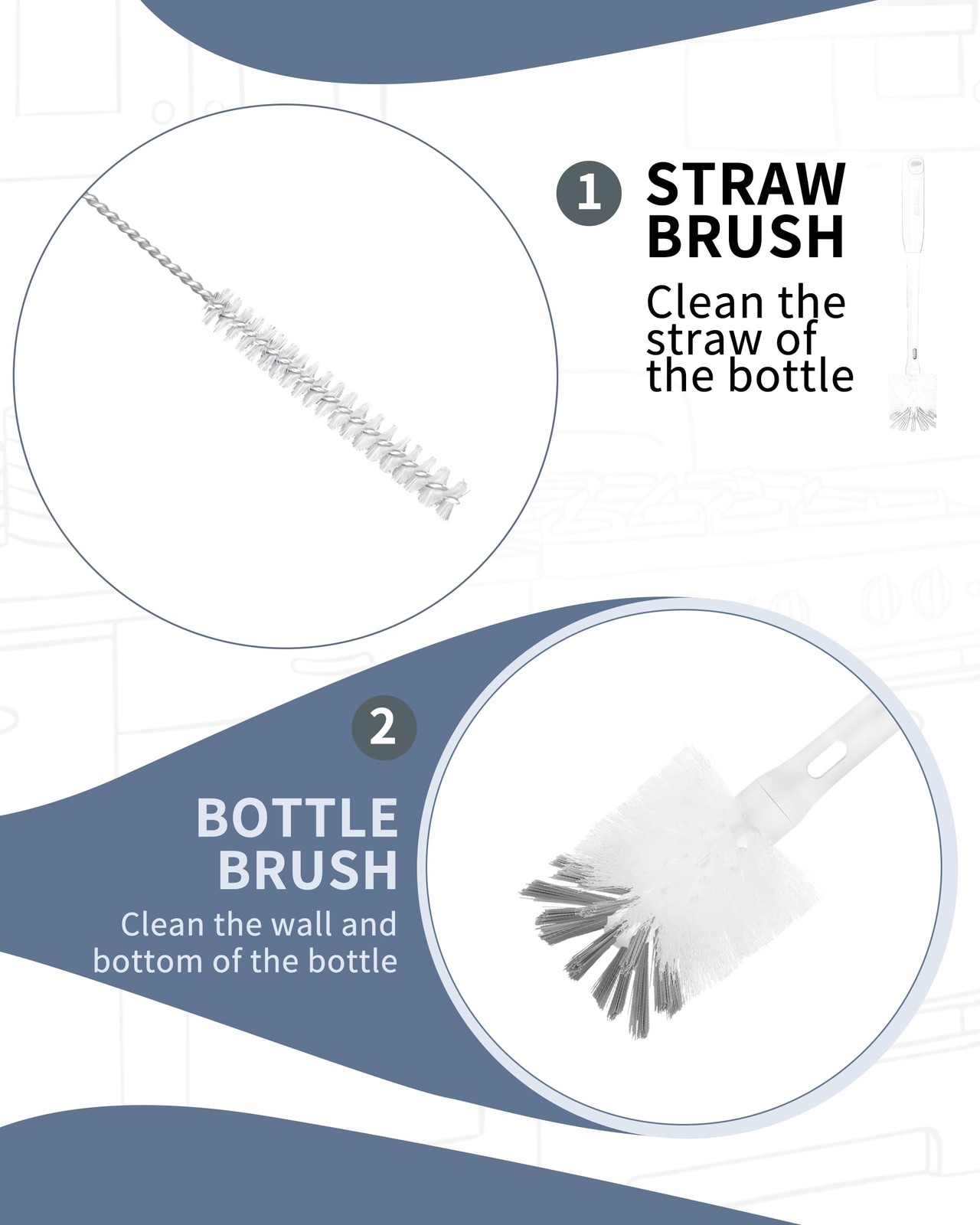 Bottle Brush with Straw Cleaner Brush, 2 in 1, Nylon Bristles