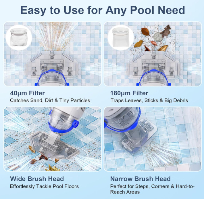 Limpiador Recargable para Piscinas con Cabezal Transparente y Potente Succión