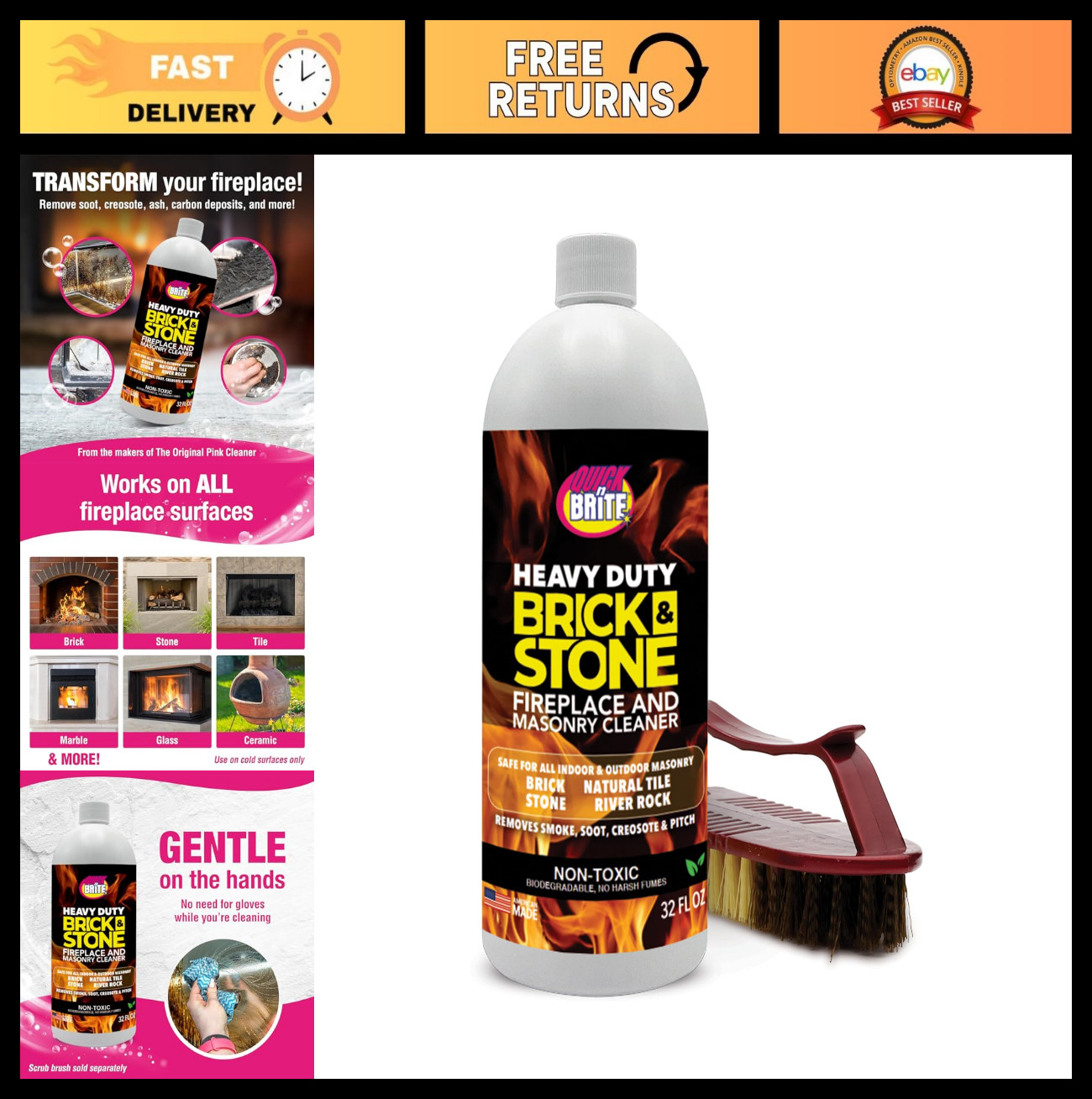 Fireplace & Stone Cleaner 32oz with Scrub Brush – Natural Tile & Marble Cleaner