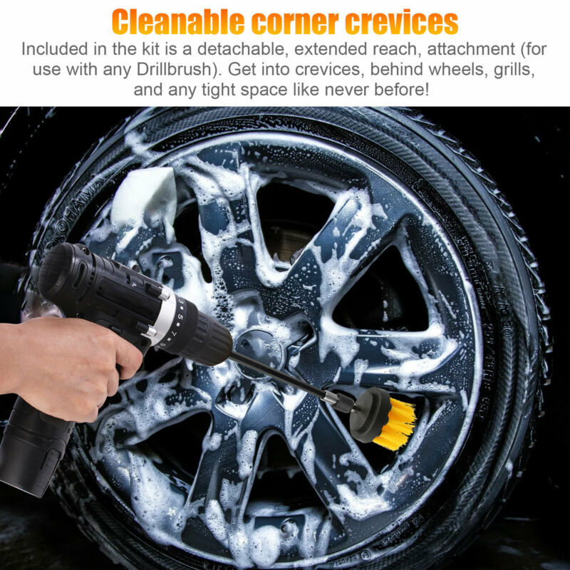 13x Drill Brush Attachment Set Power Scrubber Combo Car Grout Tile Extension Rod