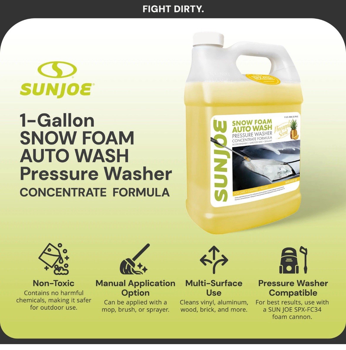 Sun Joe Snow Foam Pineapple Scented Car Wash Soap & Cleaner, 1 Gallon, FCS1G