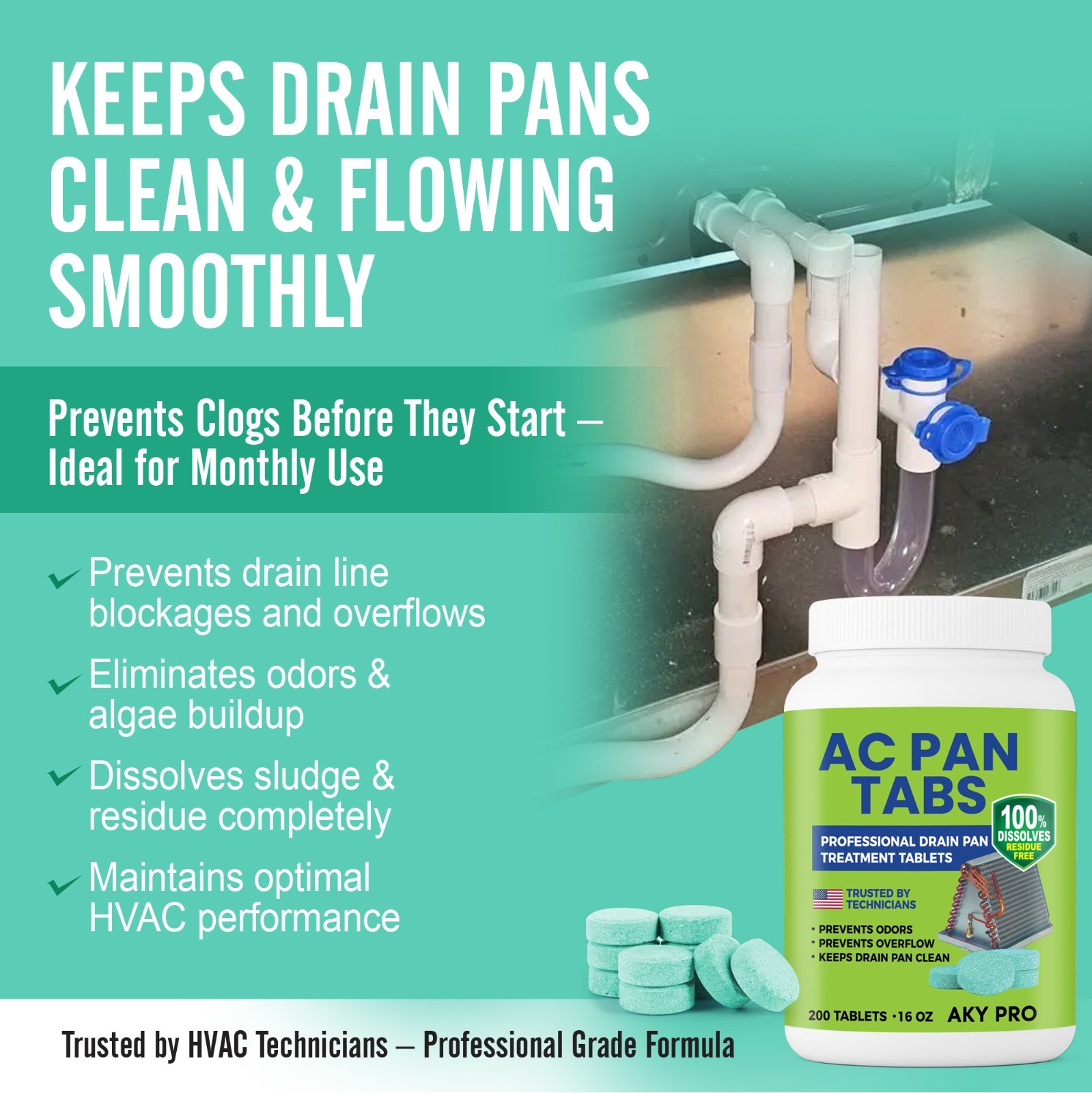 AC PAN TABS – 200 AC Drain Line Cleaner Tablets for HVAC & Air Conditioner