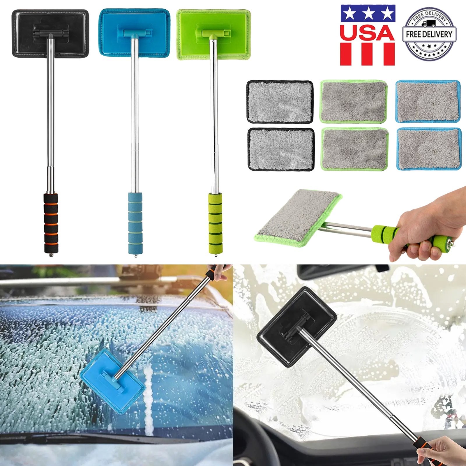 Car Windshield Cleaner Tool with Extendable Handle & 2 Microfiber Pads for Home