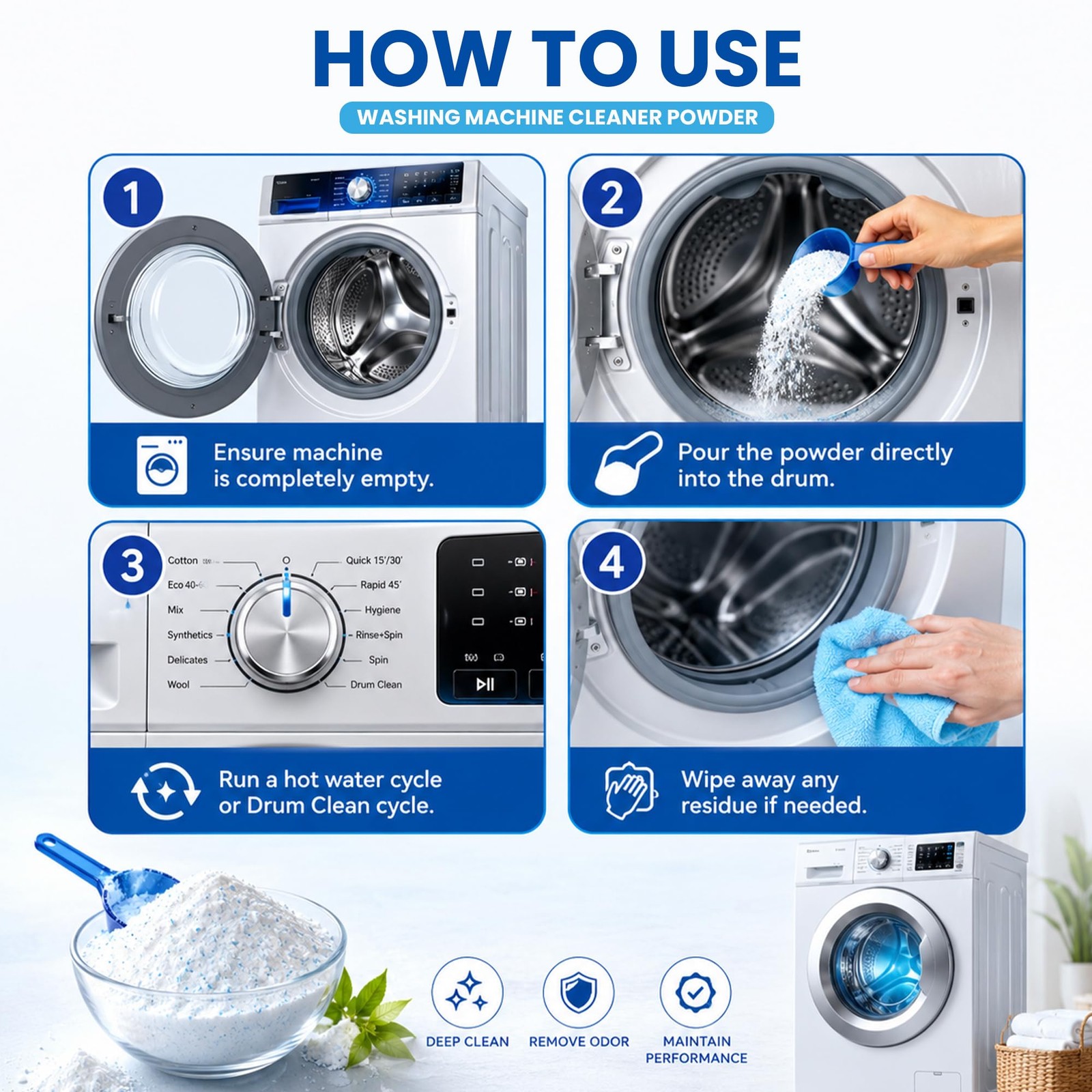 Washing Machine Cleaner Powder, 1Year Supply 24 Packs for Front & Top Load Wa…