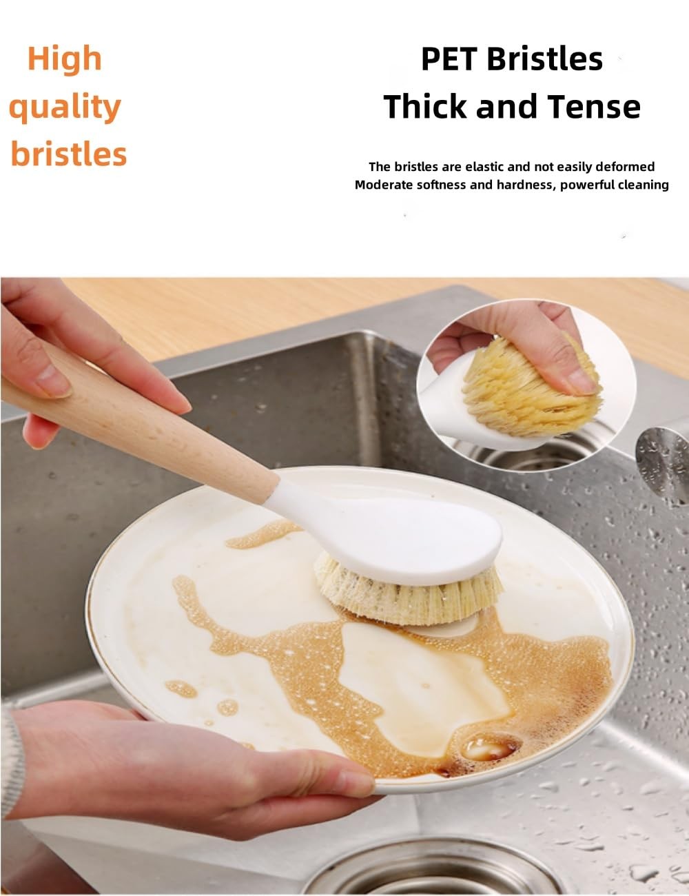 3 Pack Dish Brush Set with Bamboo Handle, Kitchen Brushes for Cleaning Pot, Sink
