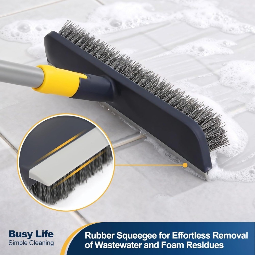 Telescopic Floor Scrub Brush with Stiff Bristles 2-in-1 Scraper for Shower Tile