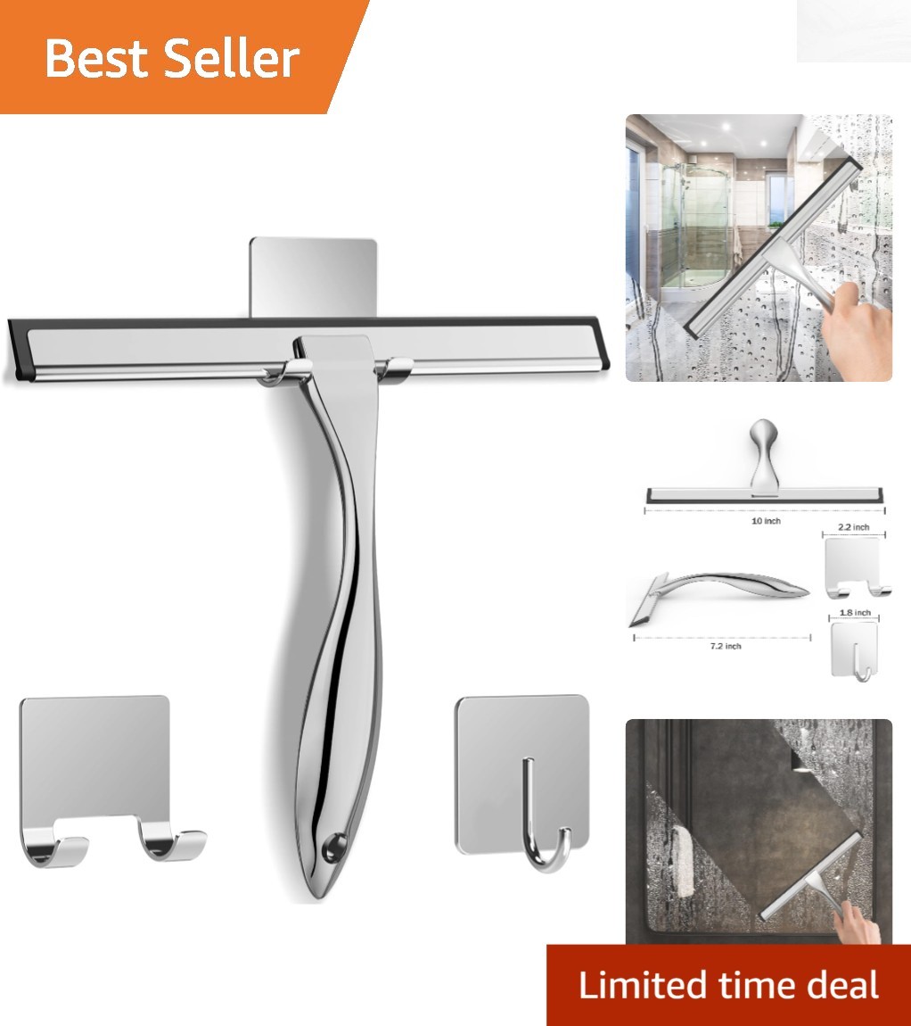 Ergonomic Shower Squeegee & 2 Adhesive Hooks – Streak-Free Window Cleaning Tool
