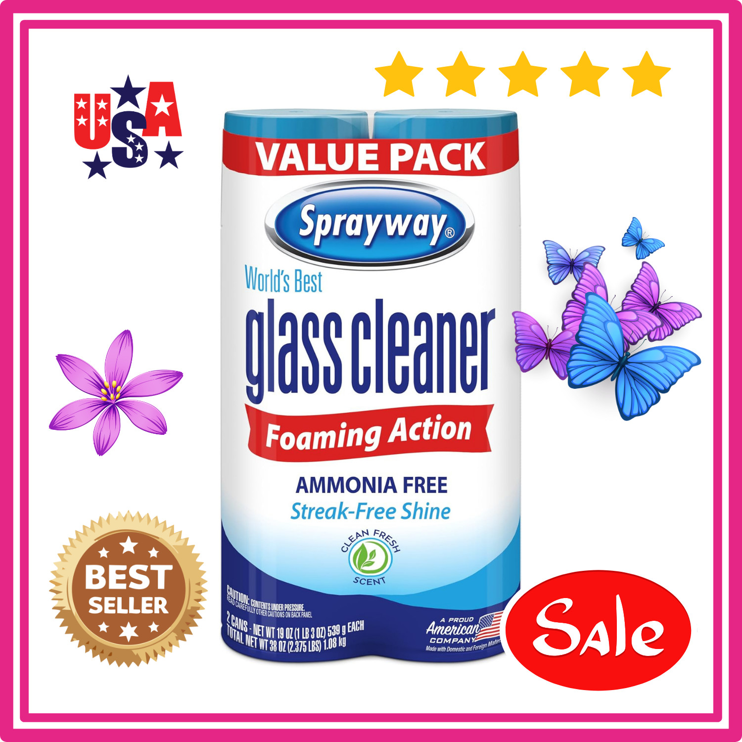 Sprayway Glass Cleaner Foaming Aerosol Spray, 19 oz. 2-Pack Free Shipping