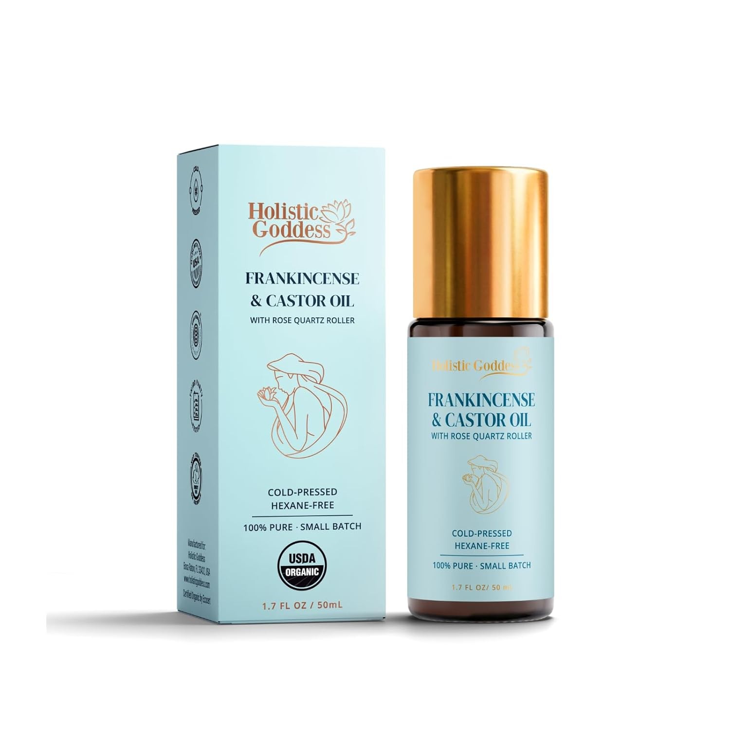 Holistic Goddess Organic Frankincense & Castor Oil Roll-On with Rose Quartz Ro