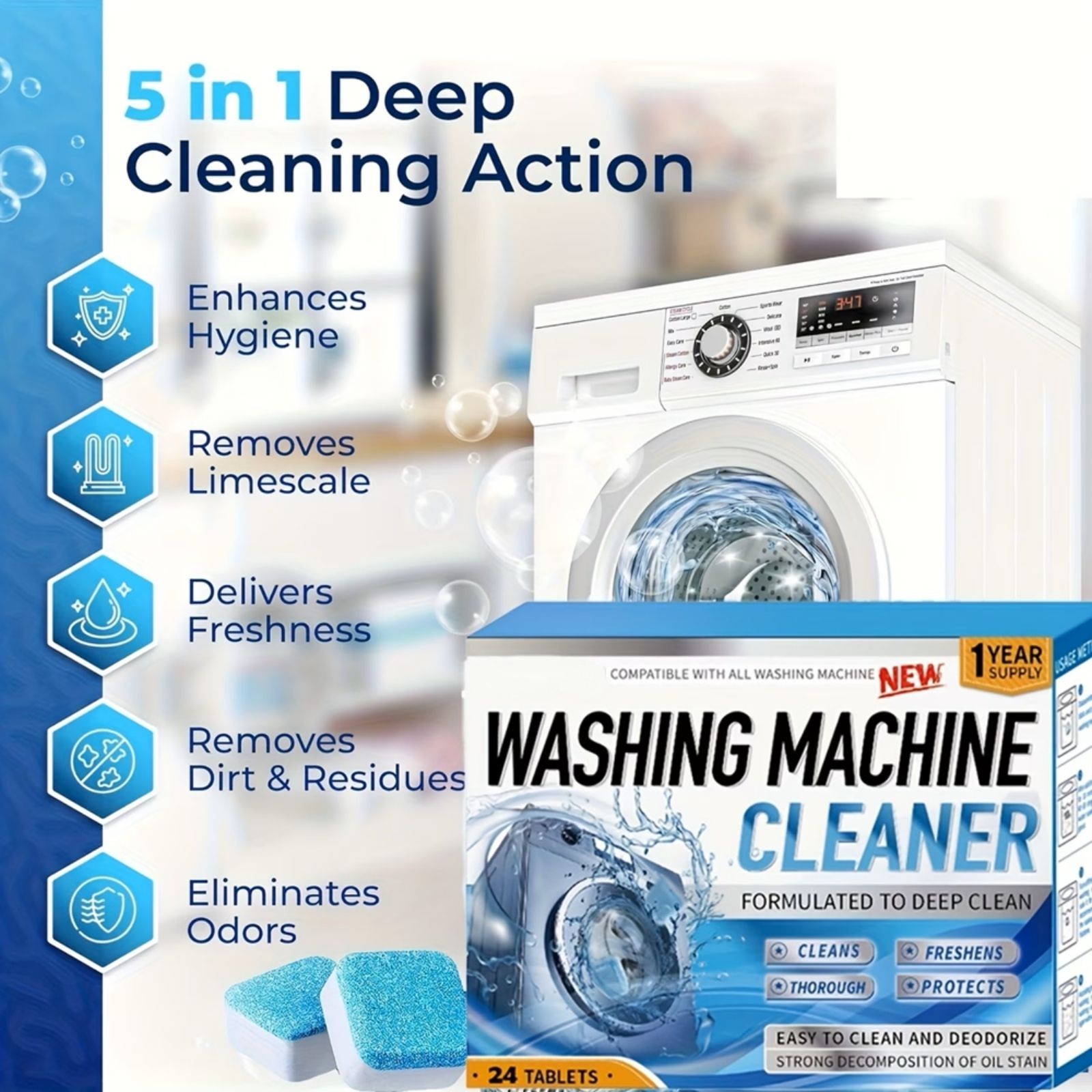 Washing Machine Cleaner Tablets Descaler for HE Front & Top Load Washer Deep