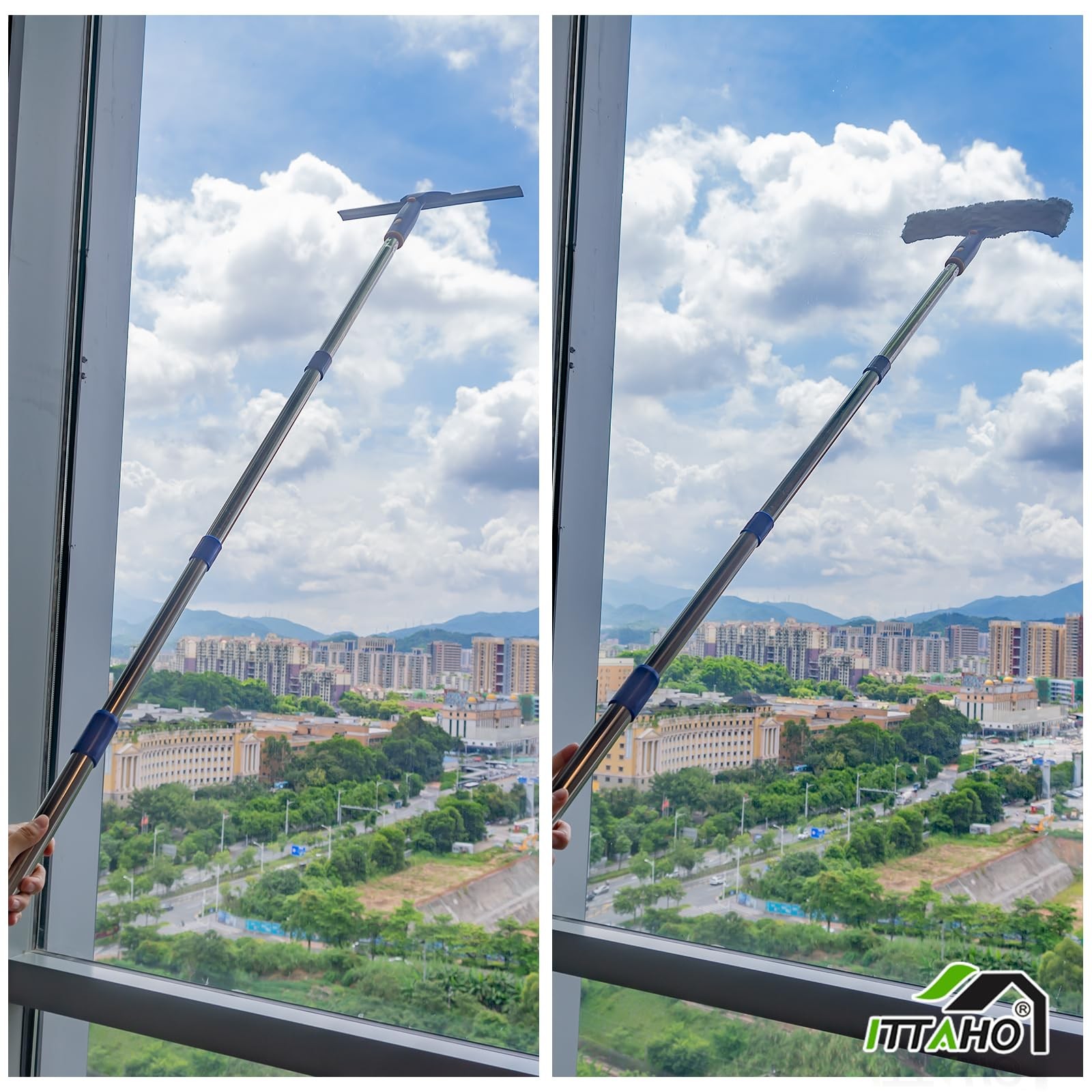 Window Squeegee with Extension Pole, Separate 12″ Squeegee & 11″ Microfiber S…