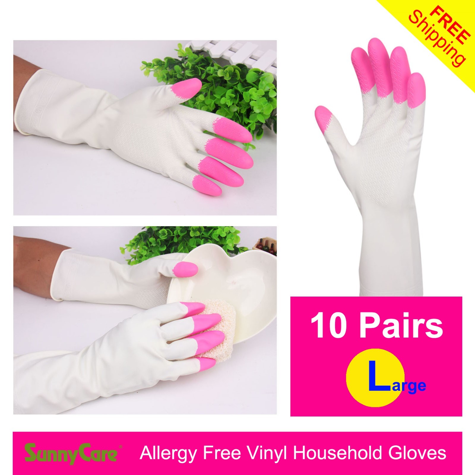 10Pairs SunnyCare Heavy Duty Household Cleaning Vinyl Gloves 13” L (Latex Free)