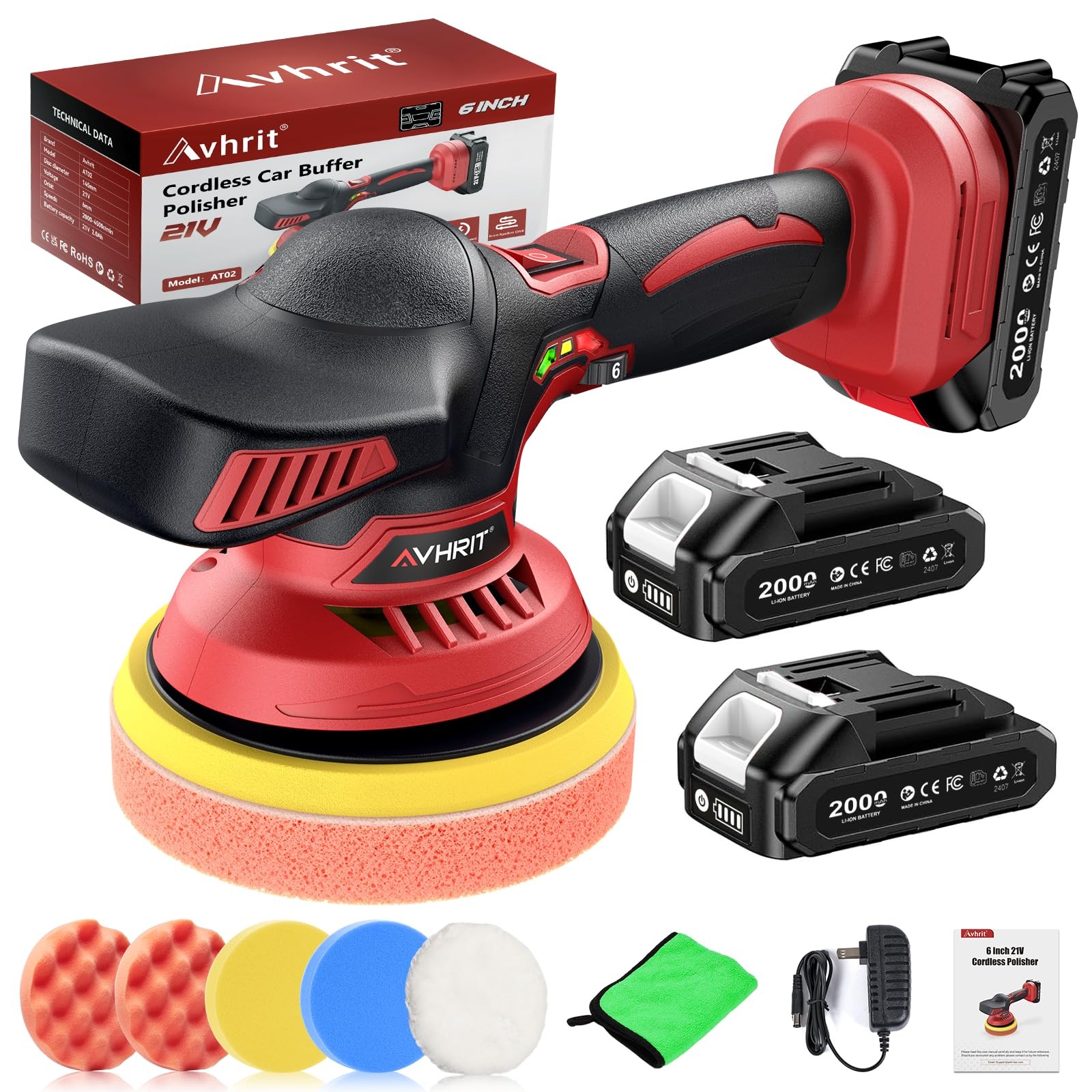 Cordless Car Buffer Polisher kit w/ 2x2000mAh 21V Batteries, 6 Inch Car buffe…