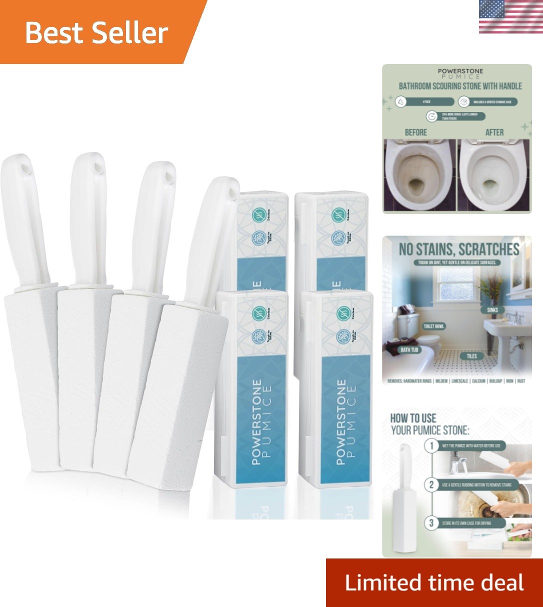 Gentle Hard Water Stain Remover – 4 Pumice Stones for Toilets, Grills, and Tiles