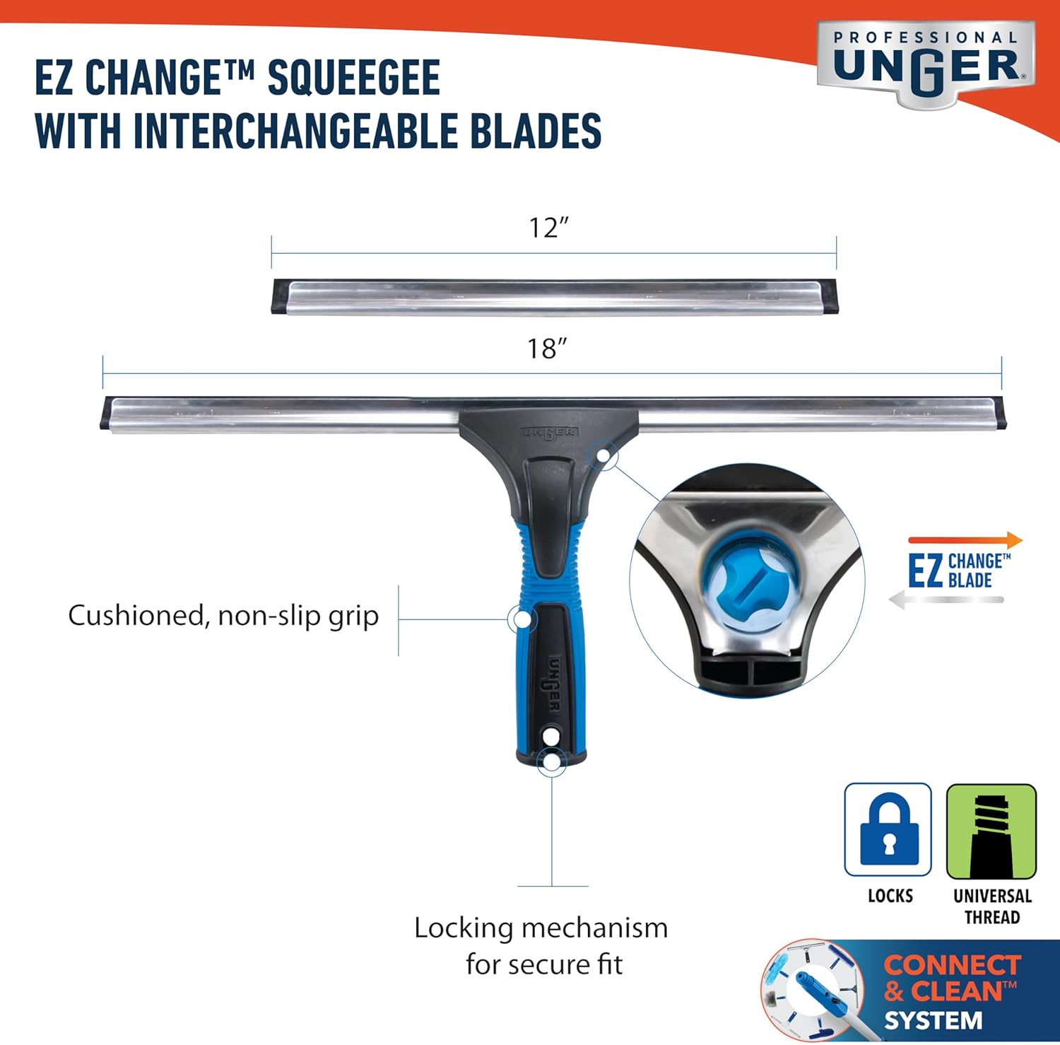 Professional Connect and Clean 18” EZ Change Window and Glass Cleaning Squeegee,