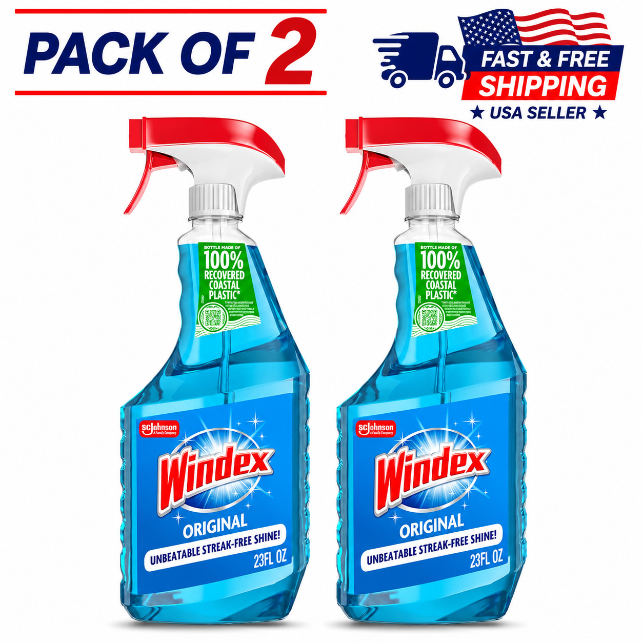 Windex Glass Cleaner Spray Original Blue 23 Fl Oz Pack of 2 Leak Proof free ship