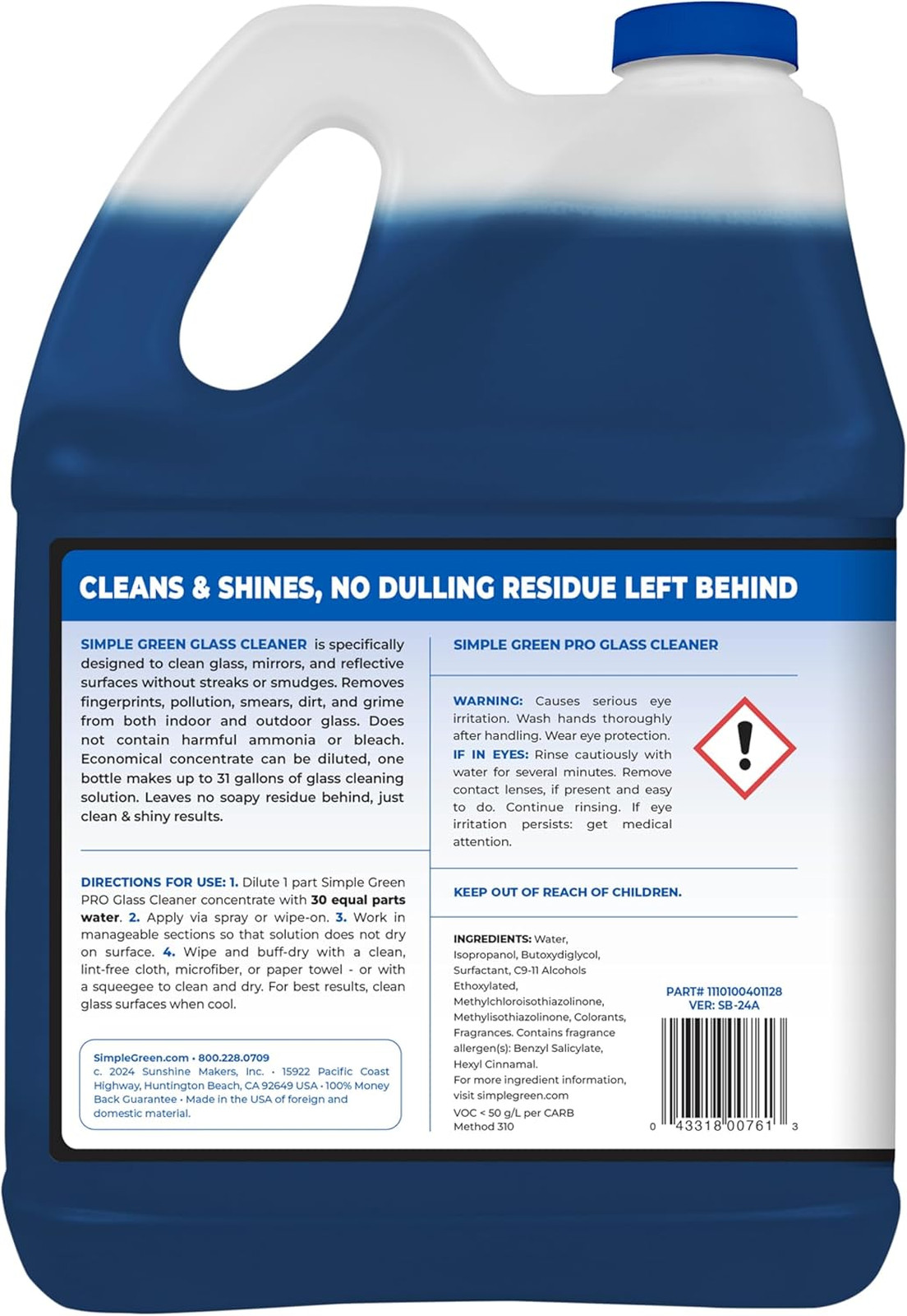 Glass Cleaner 1 Gallon, Simple Green Pro, Streak-Free, Household, Commercial Use