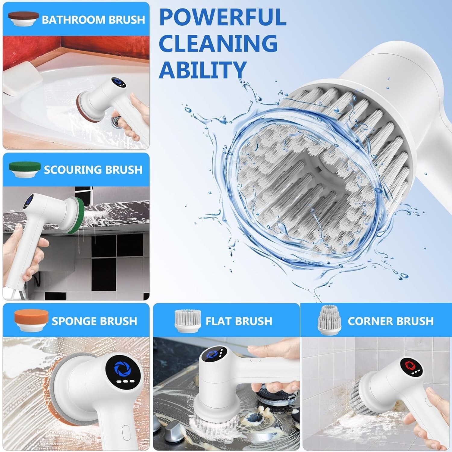 Electric Spin Scrubber Cordless Tub and Tile Scrubber, with 5 Replaceable Heads