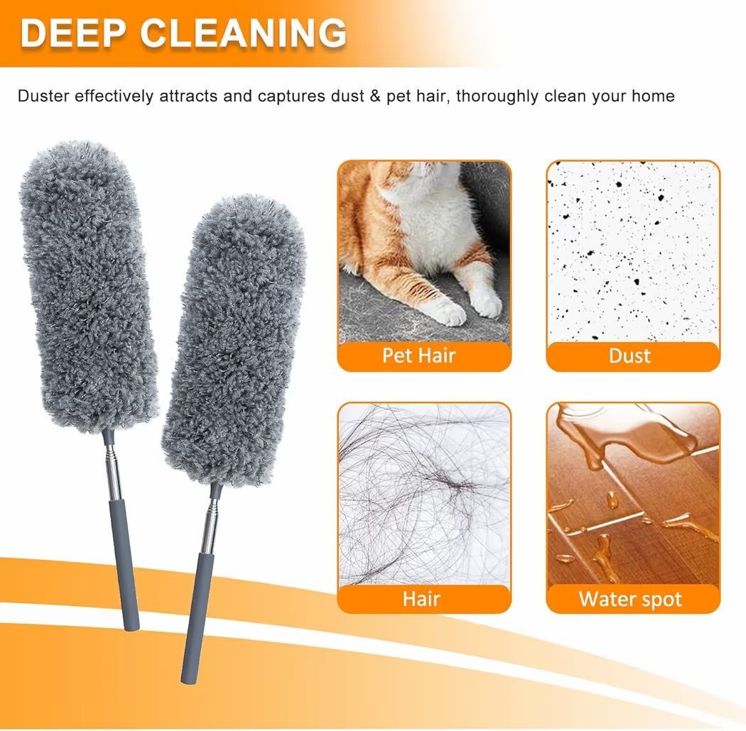 2 Pack Microfiber Feather Duster for Cleaning with Extendable Pole Hand Washable