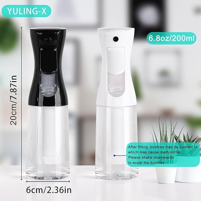 NEW Continuous Mist Spray Bottle 200ml Fine Fog Hair Salon Empty Reusable 2Pack