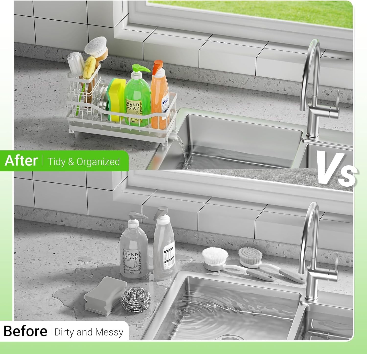 Sponge Holder for Kitchen Sink, Rustproof Sink Caddy Organizer with Dish Brush