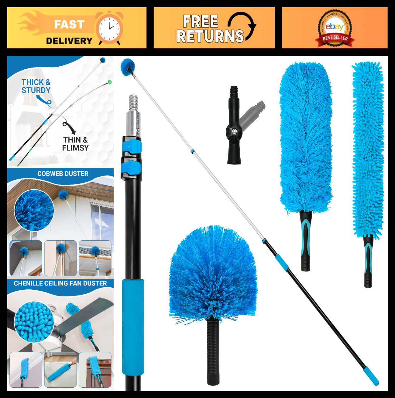20FT High Ceiling Fan Duster with 5-12FT Extendable Pole, Reusable Cobweb & Dust