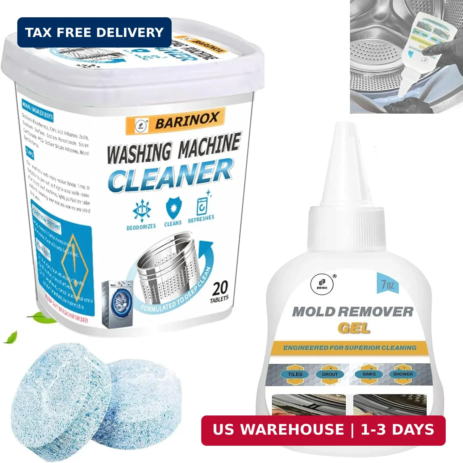 Bundle – Washing Machine Cleaner Tablets (20 Pack) & 7 oz Mold Remover Gel | Dee