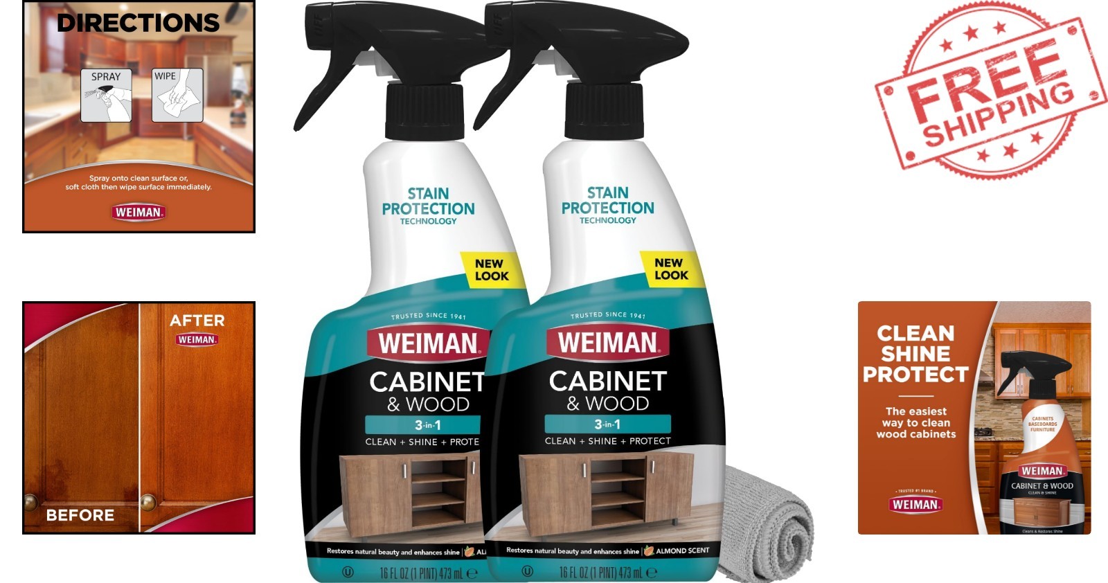 Natural Wood Cleaner & Shine Spray – 16oz Pack of 2 with Microfiber Towel
