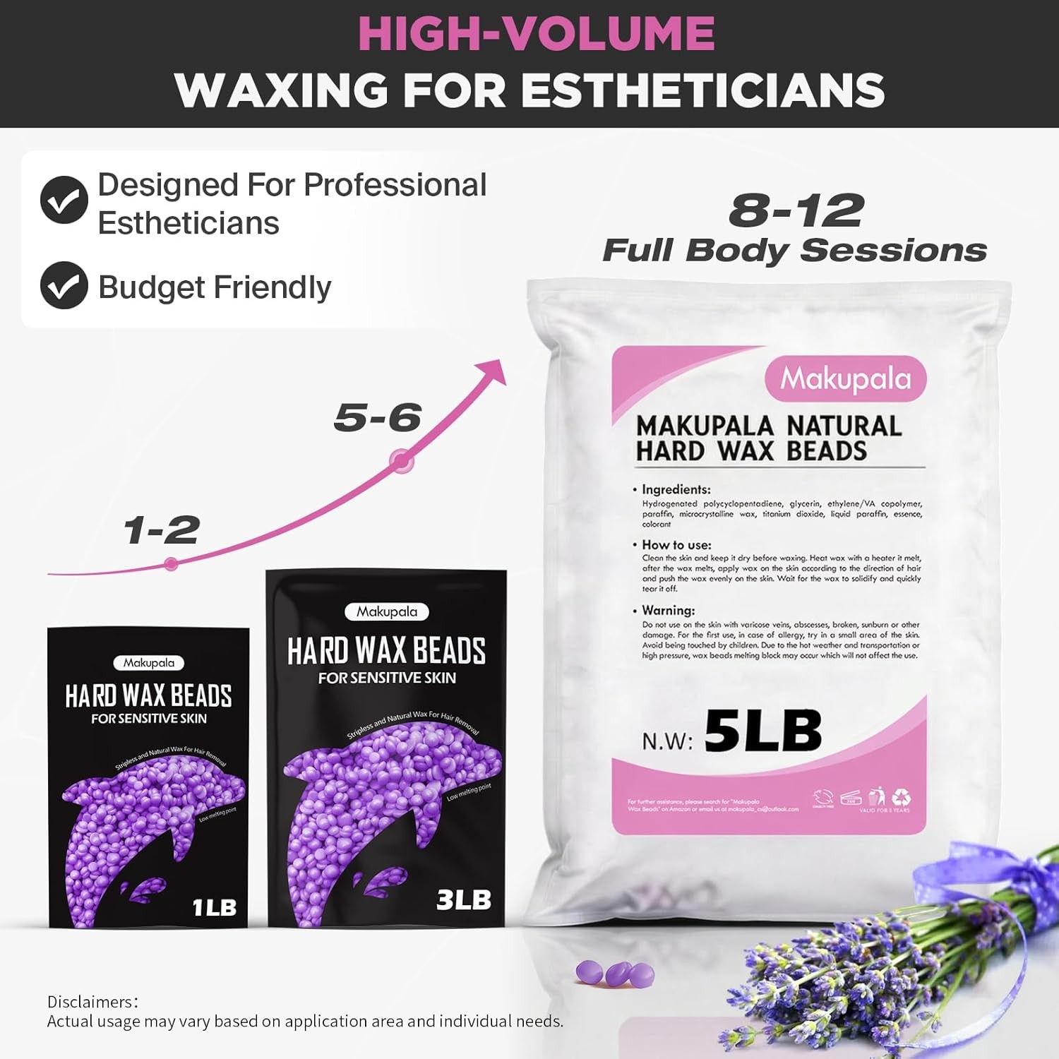 5LB Lavender Hard Wax Beads, Stripless Bulk Wax for Full Body, Brazilian, Biki