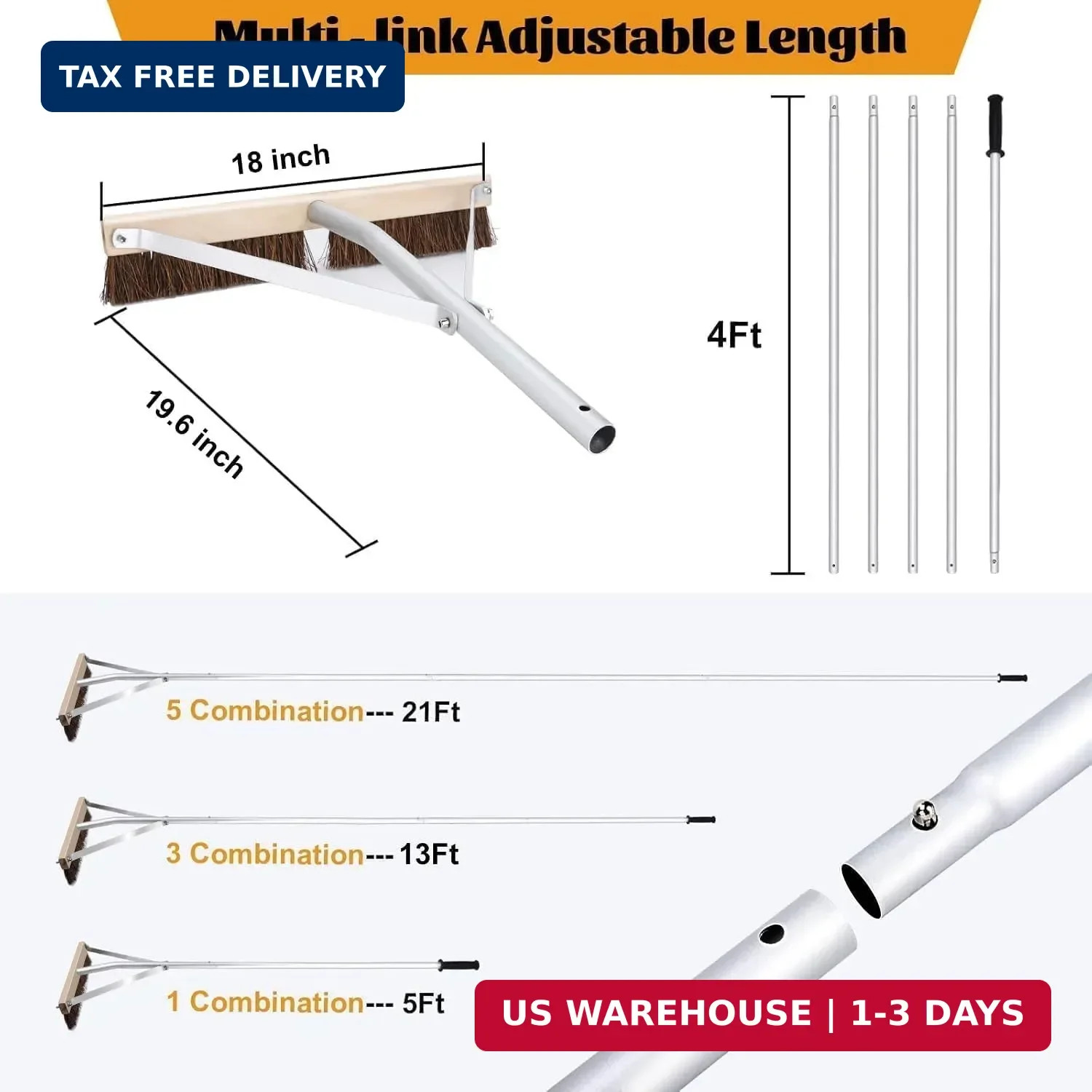 Leaf Roof Brush and Roof Rake, Adjustable Length Roof Cleaning Tool, Remove Roof