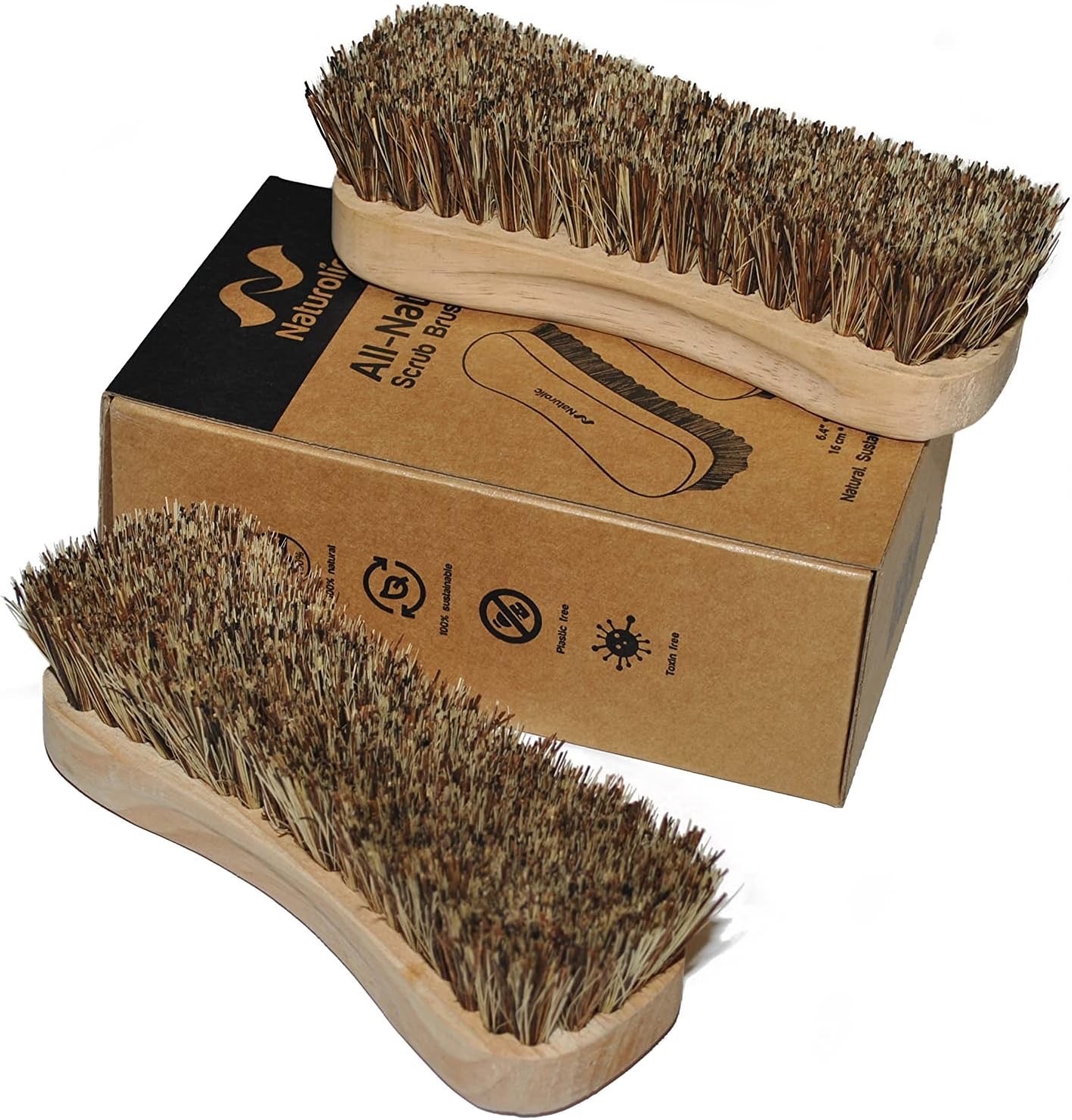 NIB NATUROLIC ALL-NATURAL WOODEN SCRUB BRUSH SET PALMYRA BRISTLE BRUSH, 2 CT.