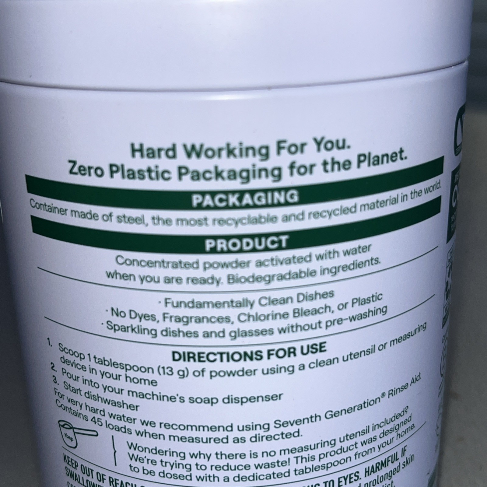 Seventh Generation Dishwasher Detergent Powder, Free & Clear, 45 Oz
