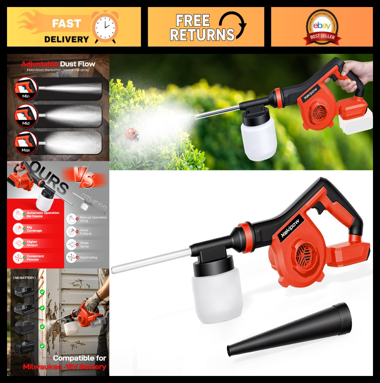 Electric Diatomaceous Earth Duster for Milwaukee 18V Battery, 3-in-1 Garden Appl