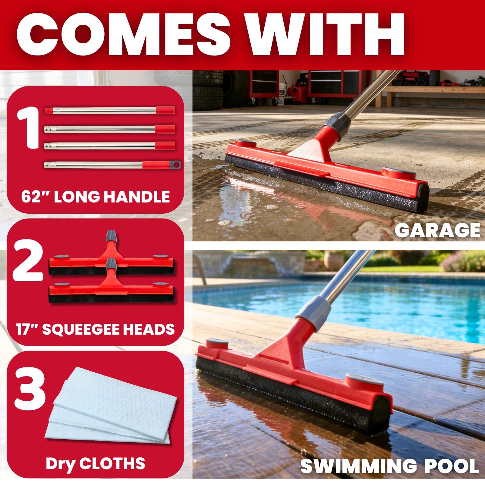 Floor Squeegee with 2 Replaceable Heads – 17” EVA Foam Blade for Uneven Surf…