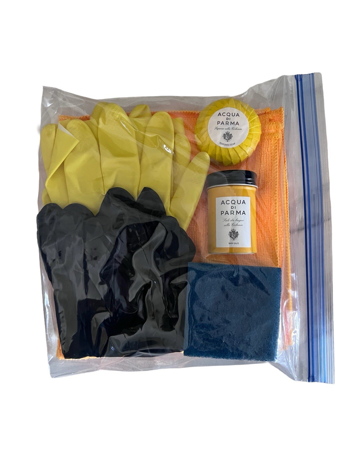 Cleaning Kit – Plastic & Nitrile Gloves, Microfiber, Scrub Pad, Guest Amenities.