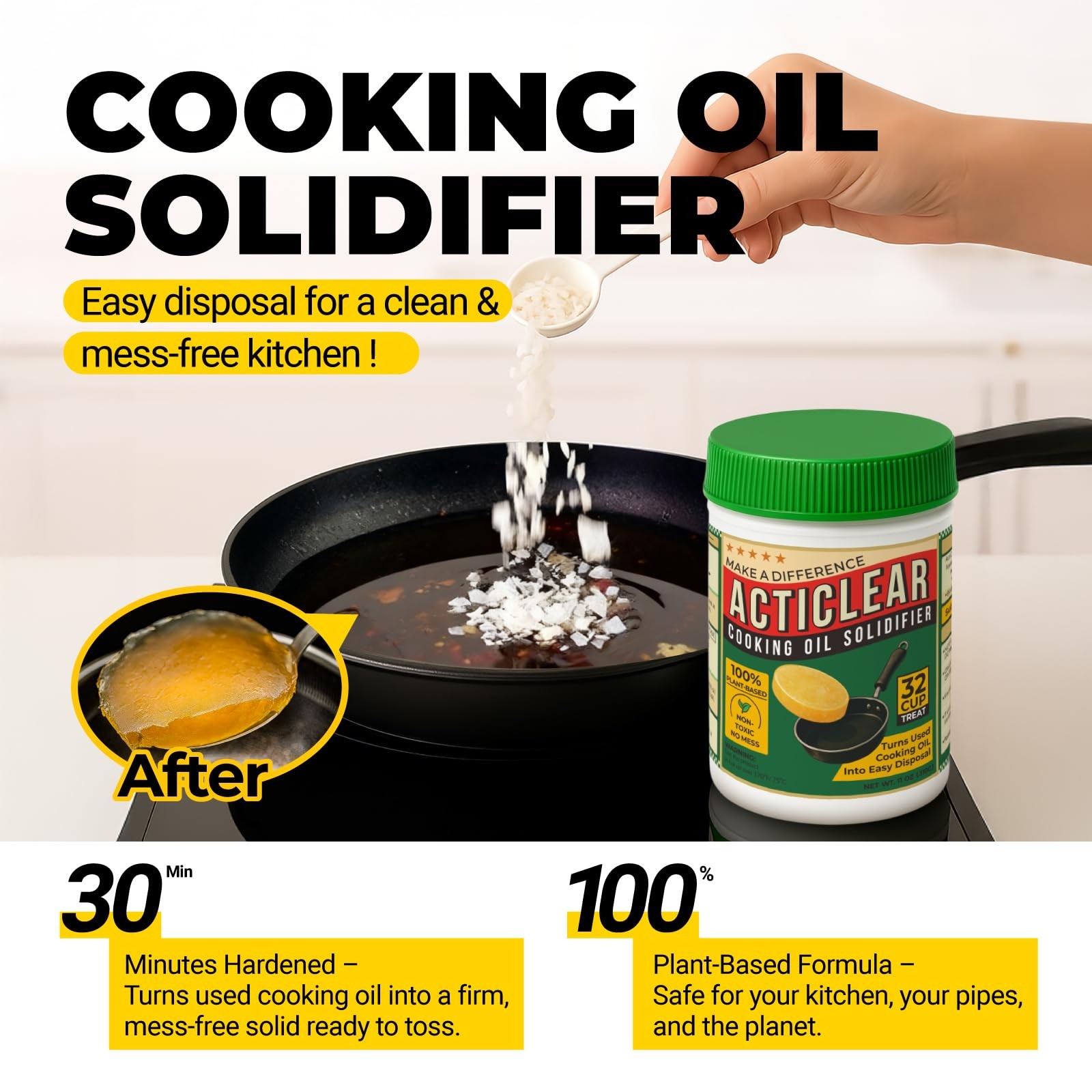 ACTICLEAR Cooking Oil Solidifier – 11oz 32 Cups Algae-Based Grease Hardener f…