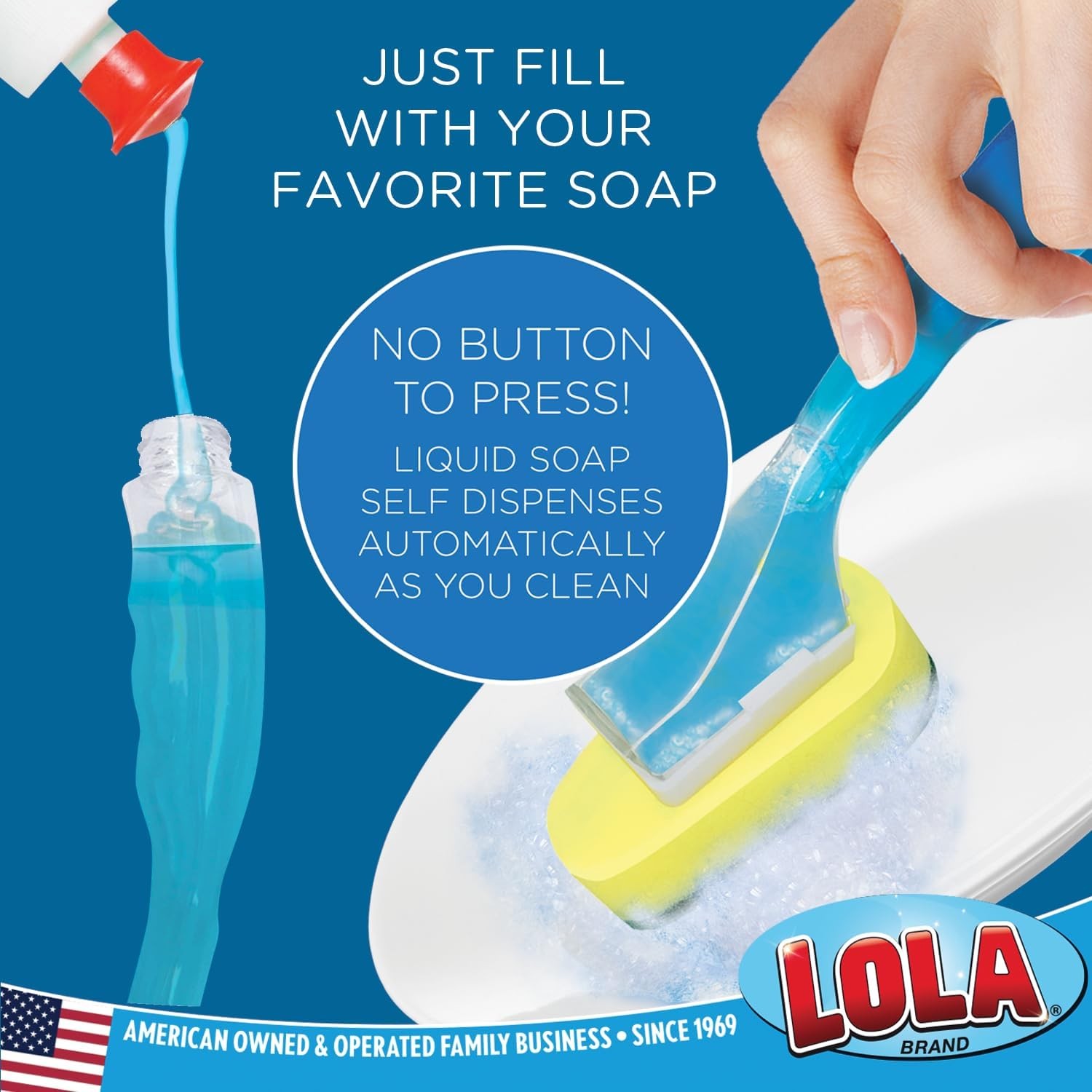 LOLA Dish Brush w/Soap Dispenser Wand, 1 Brush w/Head & 6 Refills, Absorbent Spo