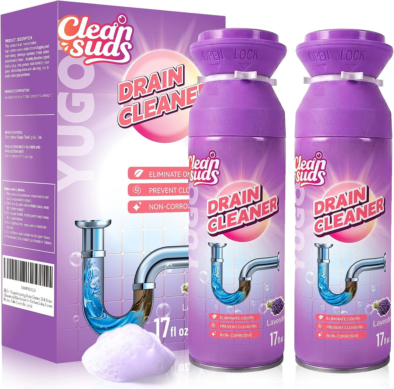 Foaming Sink Drain Cleaner Deodorizer& Clog Remover (Lavender, 2Pcs) | Foaming