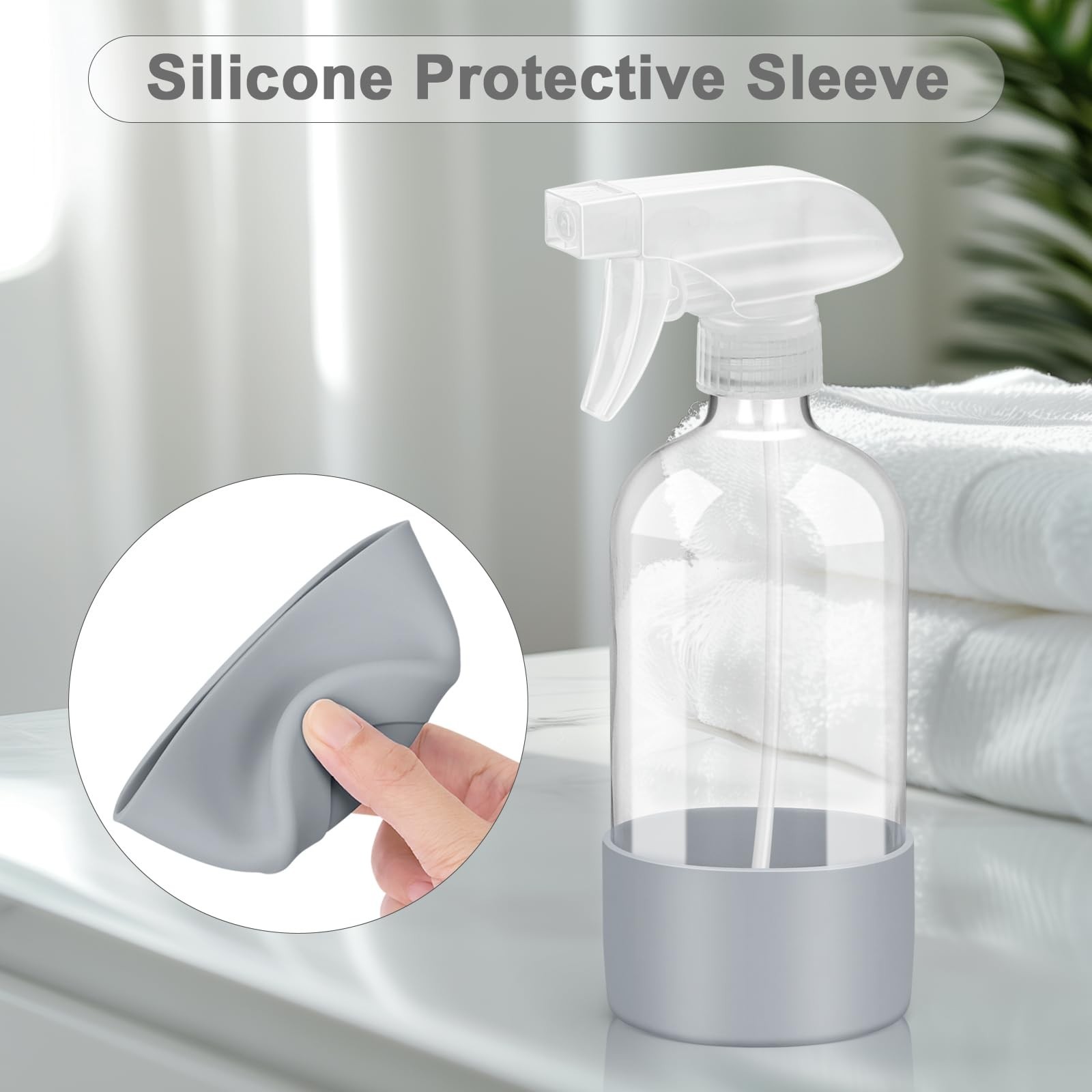 2 Pack 16 oz Glass Spray Bottles with Silicone Sleeve & Adjustable Nozzles – Ref