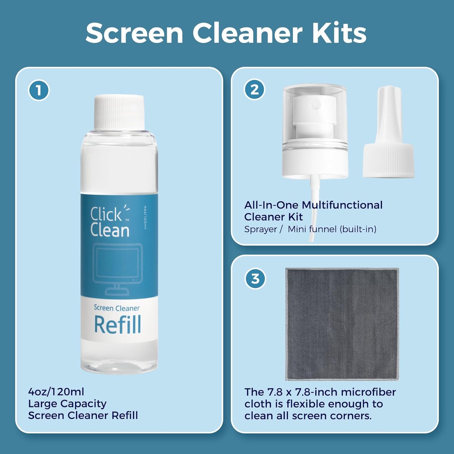 Screen Cleaner Refill Kits 4 oz Cleaner Refill & 1 Microfiber Cloth(7.8 x 7.8in