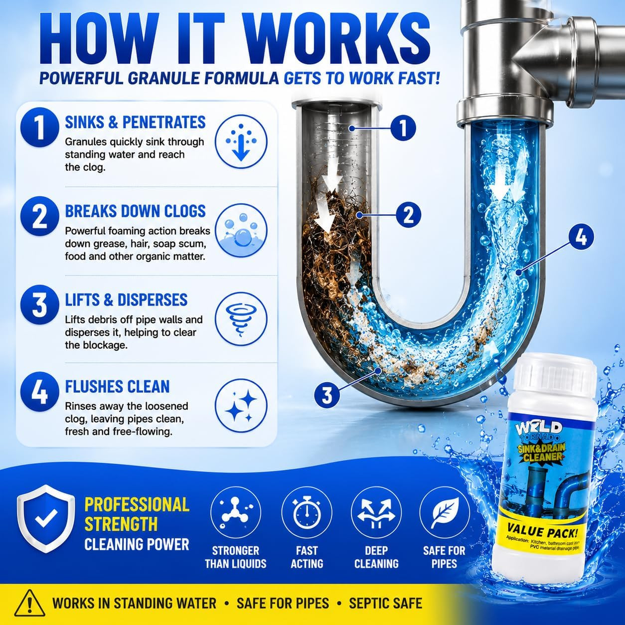 Wild Tornado Sink and Drain Cleaner, Drain Clog Remover & Opener (4Pcs) | Wild T