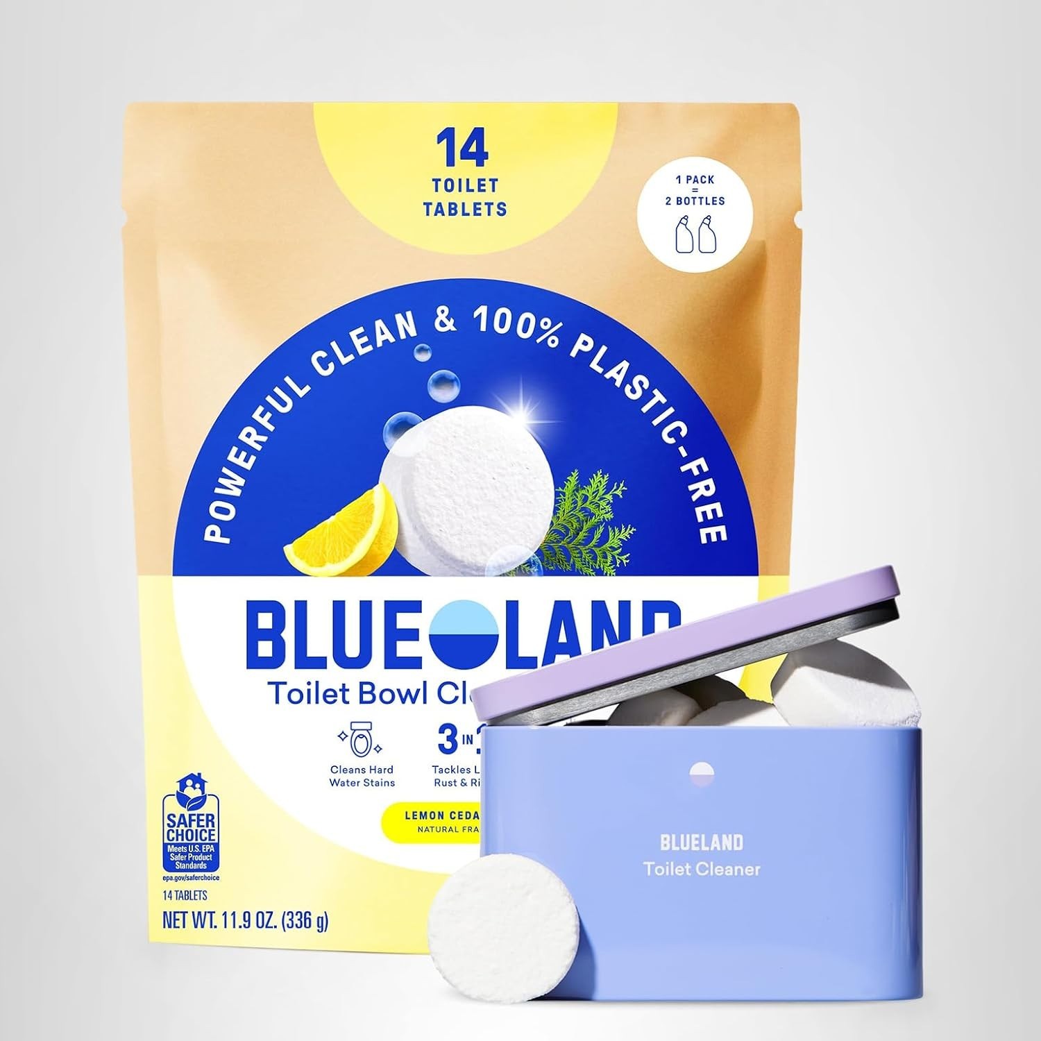 BLUELAND Toilet Bowl Cleaner Tablets, Starter Set, 14 Ct with Tin, Lemon Cedar