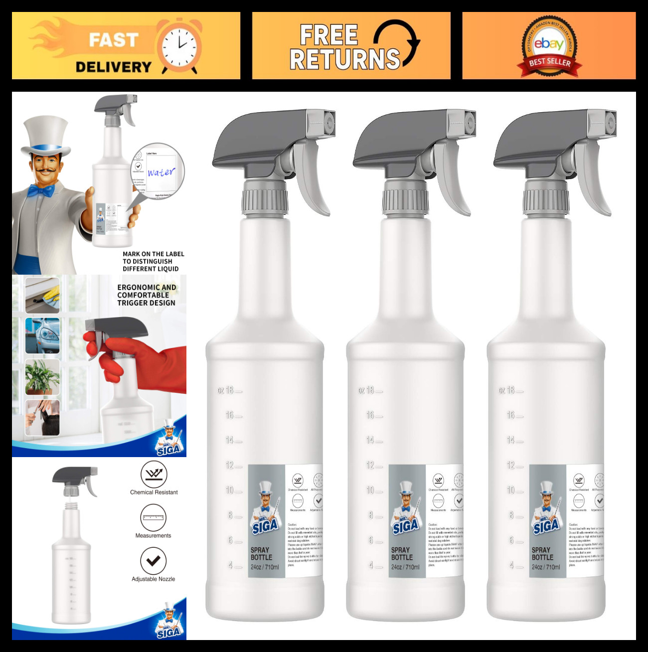24 oz Empty Plastic Spray Bottles – 3 Pack, Heavy Duty, Reusable, Leak Proof Noz